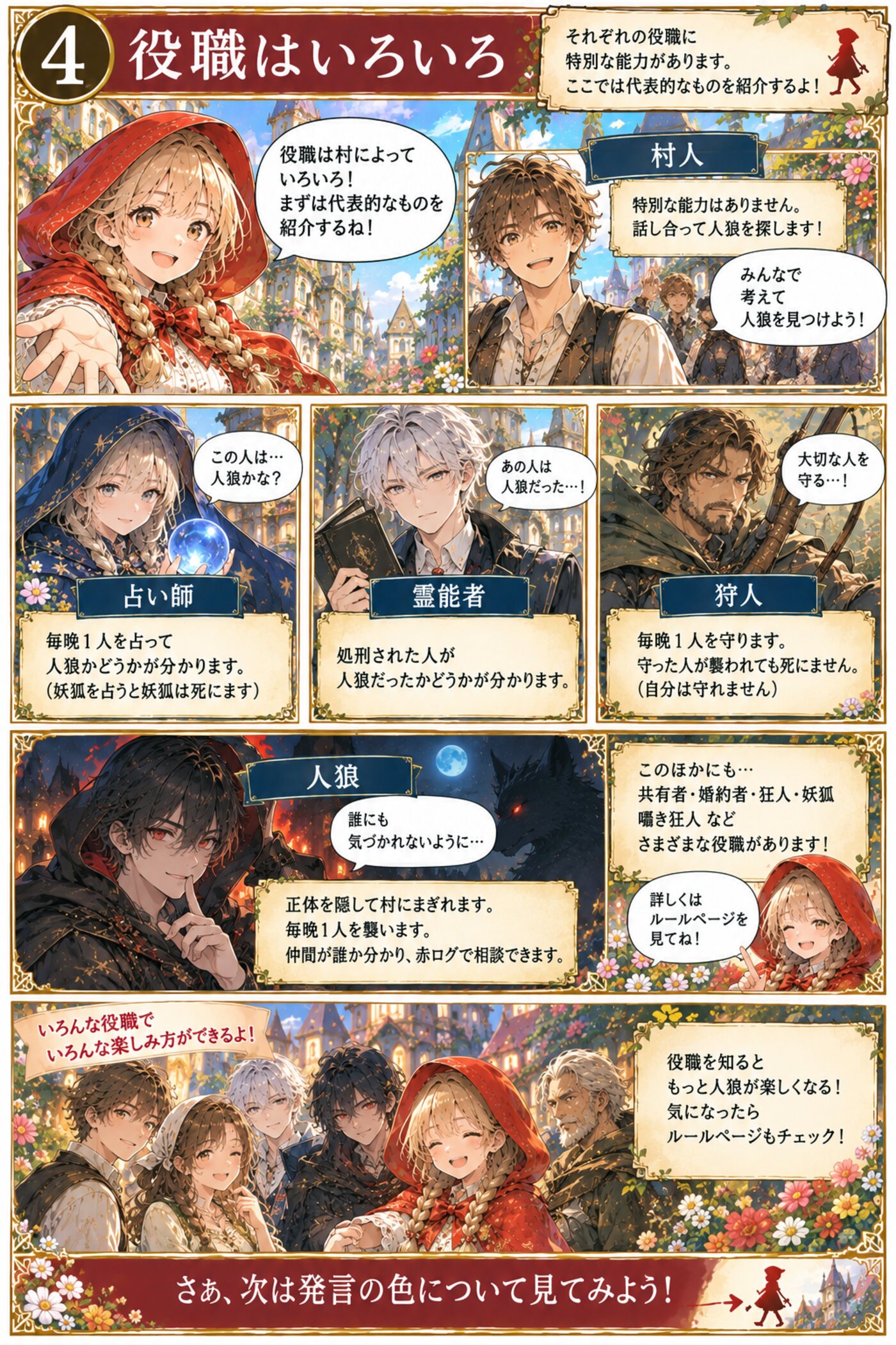 4. 役職はいろいろ。村人・占い師・霊能者・狩人・人狼など、代表的な役職の紹介。